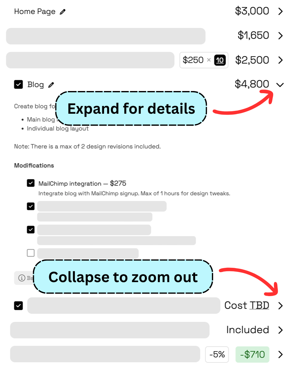 Smart Pricing Table expandable proposal sections interface
