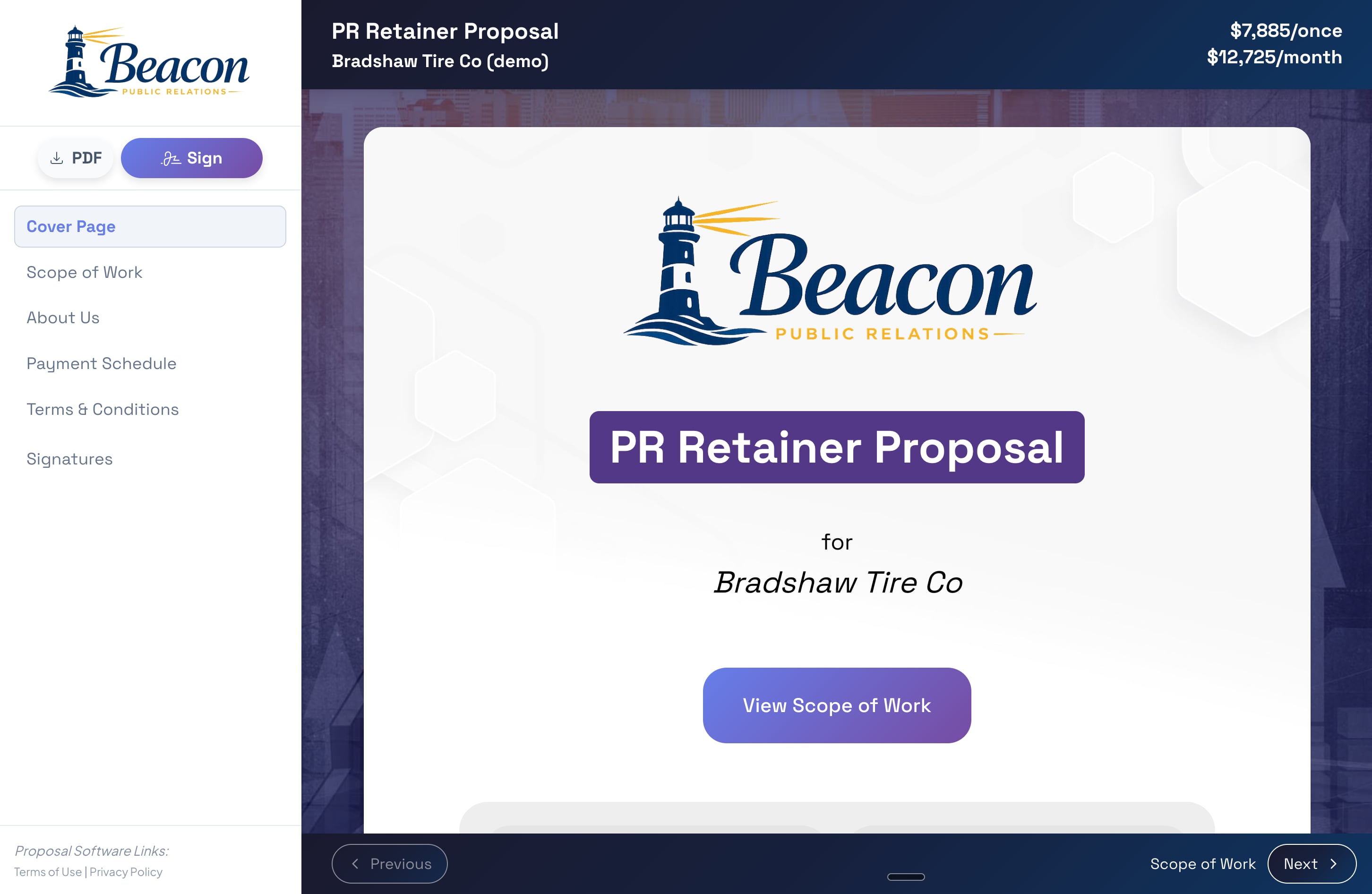 Branded proposal example for Beacon Public Relations showing custom logo, brand colors, and professional cover page in Smart Pricing Table