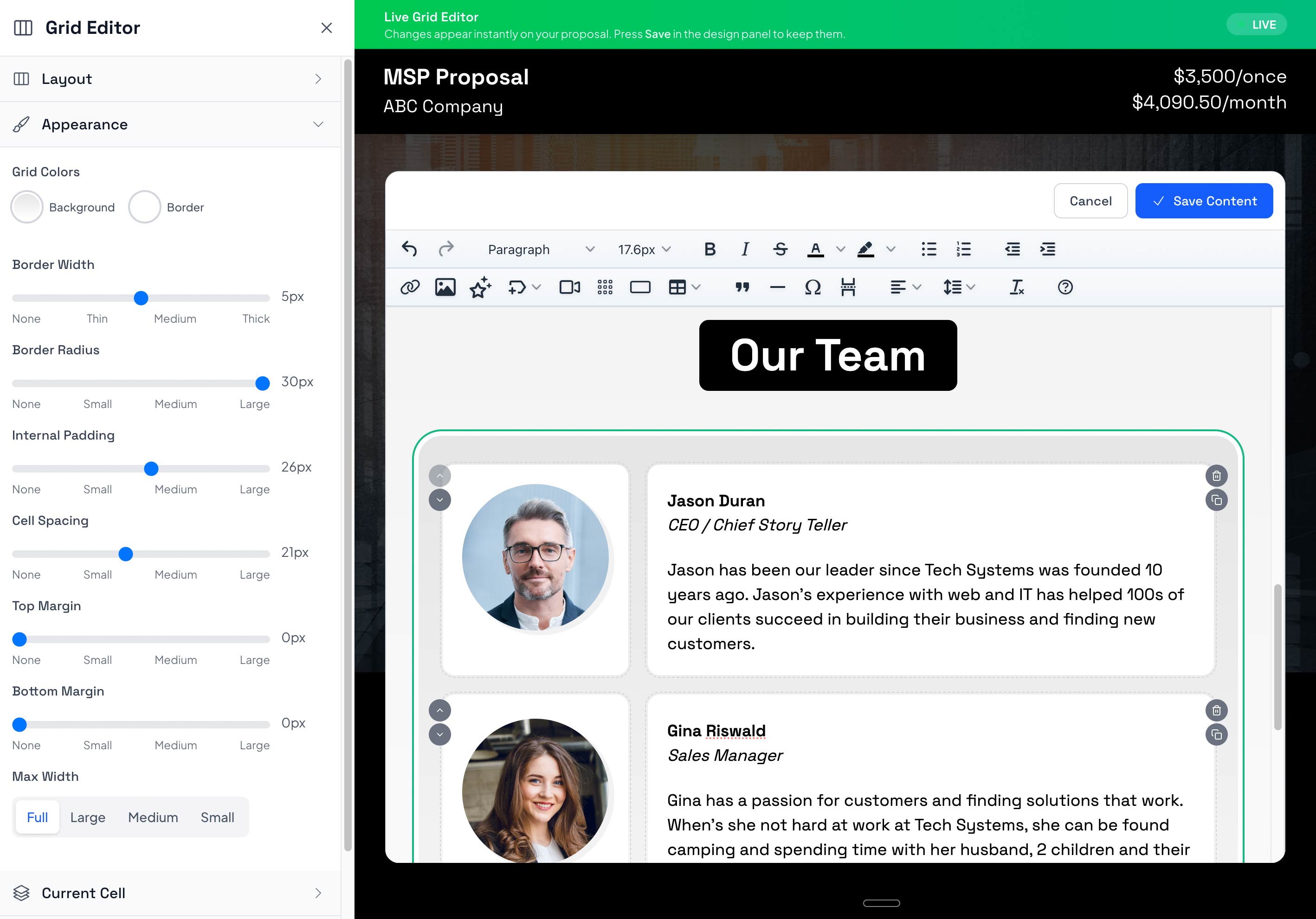 Grid editor interface for customizing proposal layouts in Smart Pricing Table