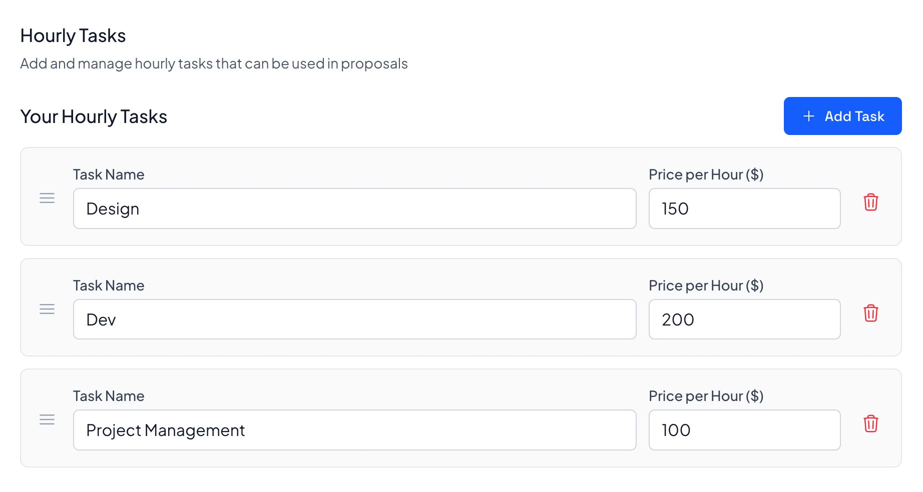 Hourly task rate management settings showing Design at $150/hour, Dev at $200/hour, and Project Management at $100/hour in Smart Pricing Table