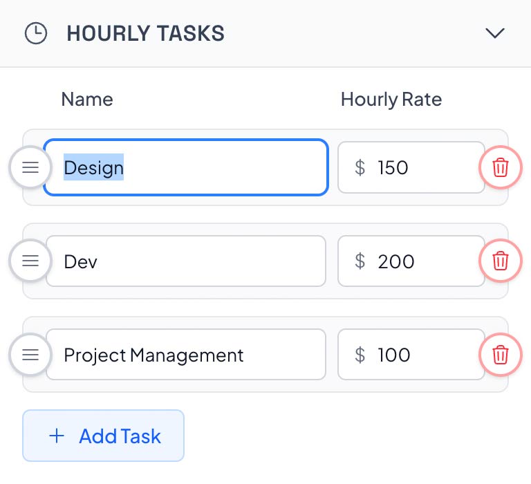 In-proposal hourly task editor with drag-and-drop reordering, editable task names and rates in Smart Pricing Table