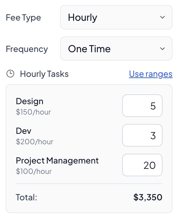 Hourly task estimates in a proposal showing Design, Dev, and Project Management tasks with automatic price calculation in Smart Pricing Table