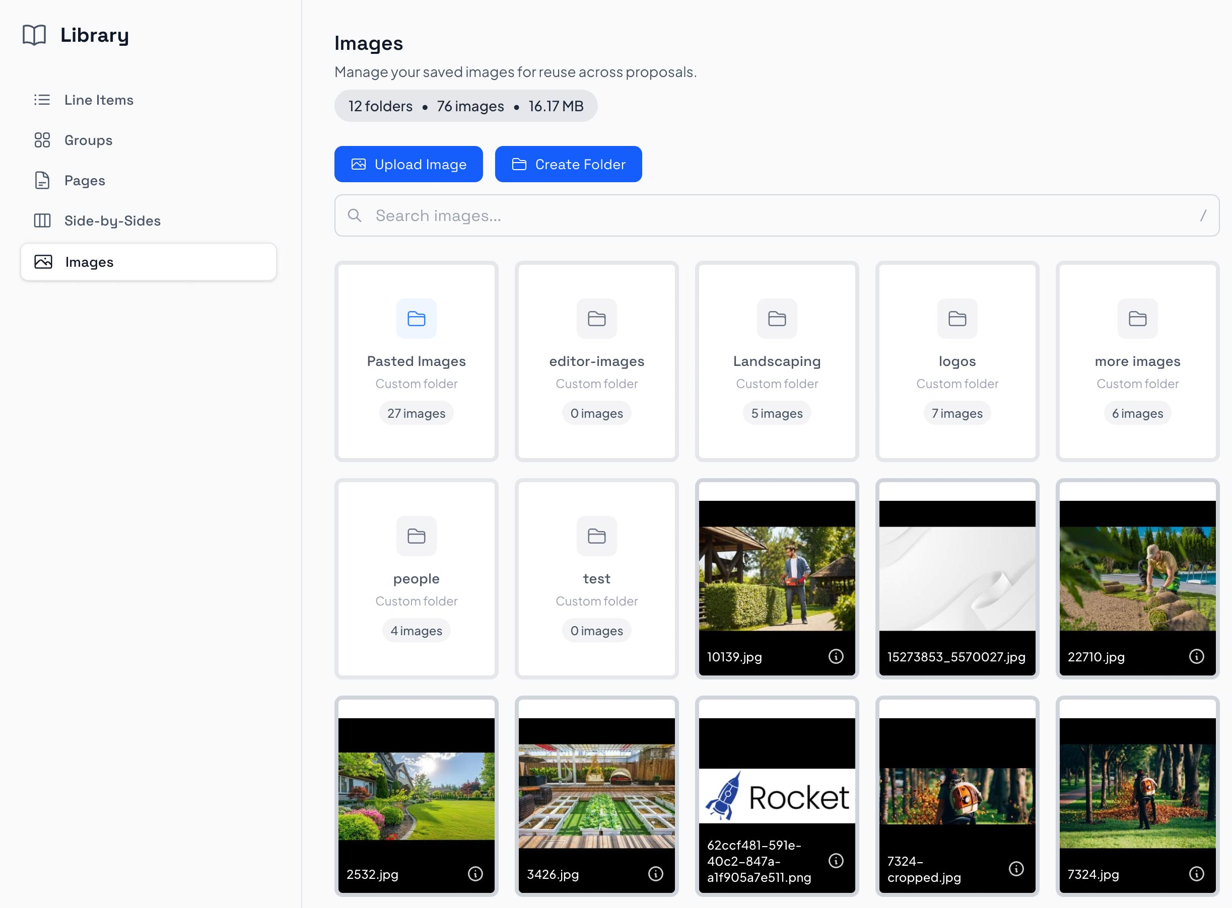 Image library interface for managing proposal images in Smart Pricing Table