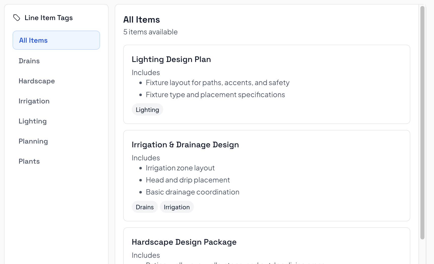 Line item library interface showing reusable components in Smart Pricing Table