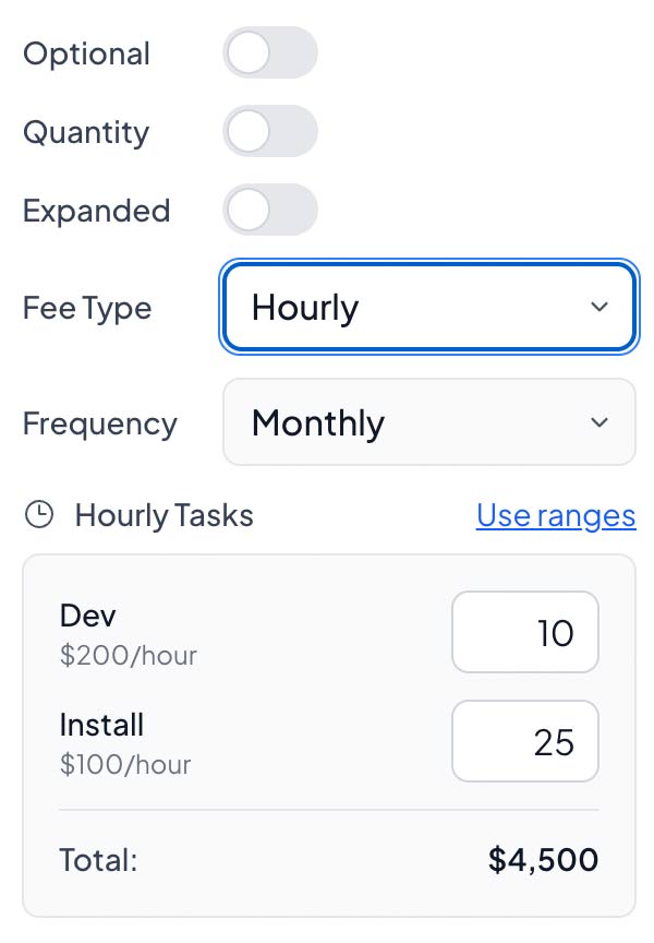 Hourly fee type selected in a proposal line item with automatic total calculation showing Dev at $200/hour and Install at $100/hour in Smart Pricing Table