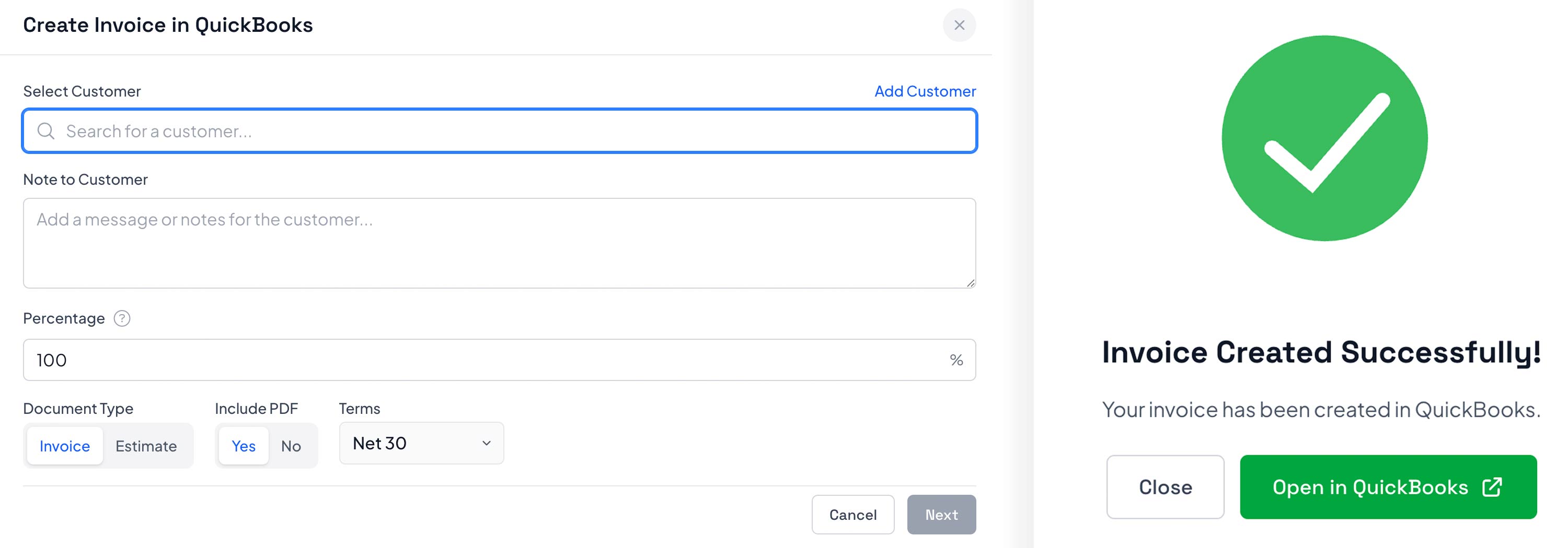 QuickBooks integration interface