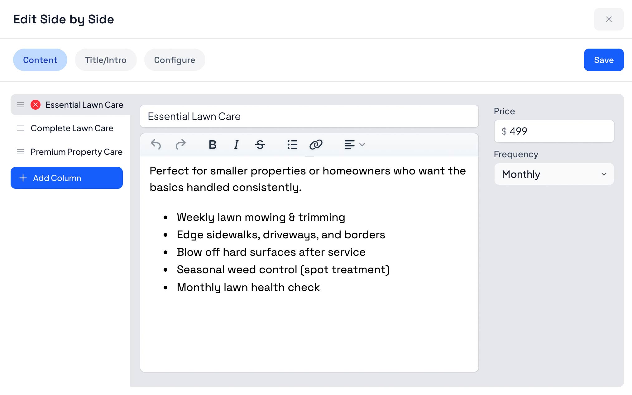 Side-by-side controls interface for managing design settings