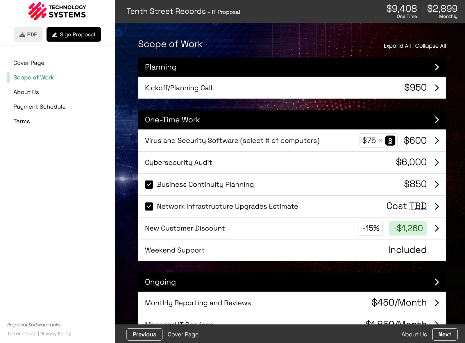Sample Smart Pricing Table Proposal Interface